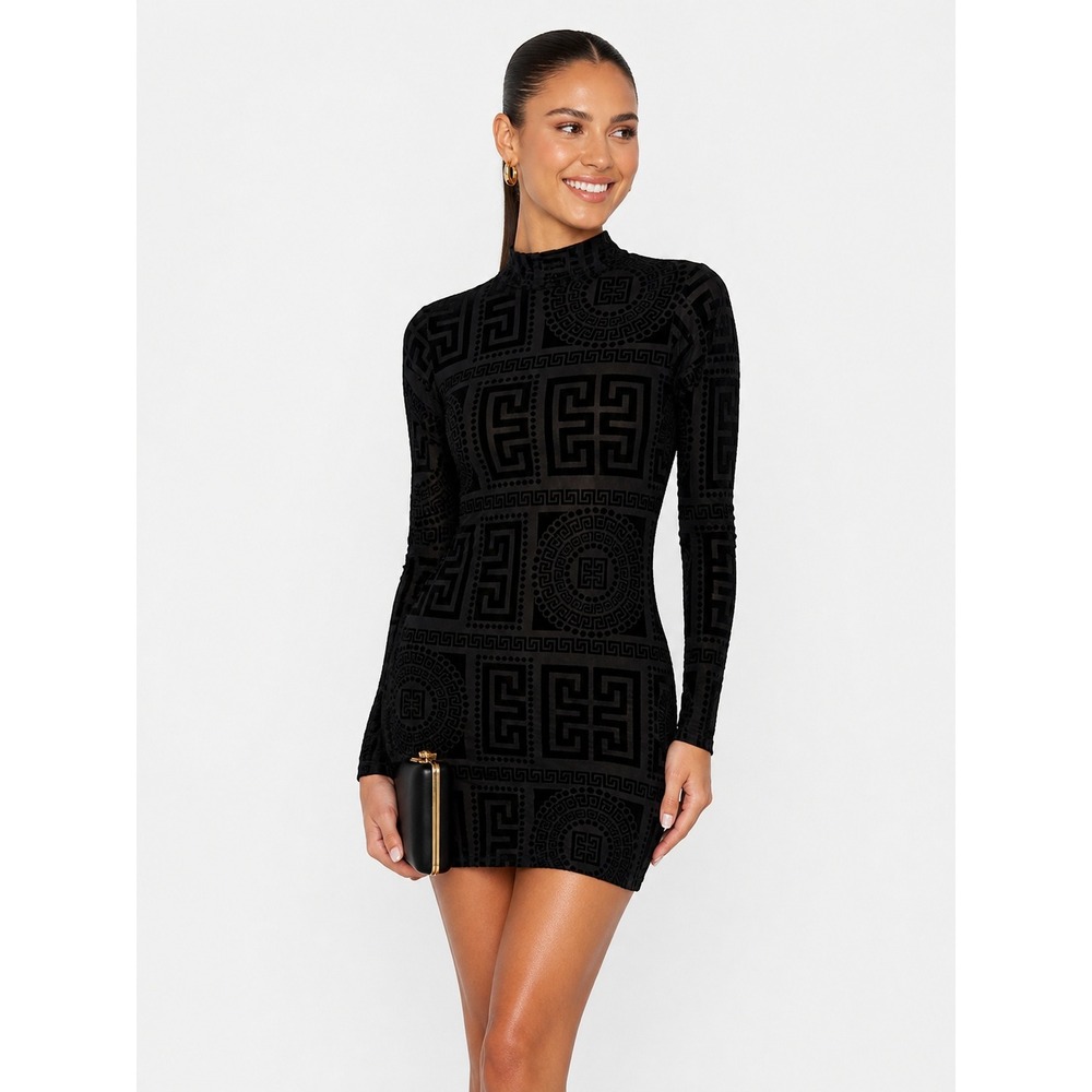 Philosophy of Paek POP Black Greek Key Velvet Mesh Bodycon Party Mini Dress S